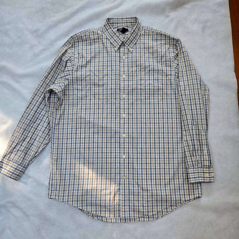 Lands End Men's Dress Shirt, 17 1/2 x 36 Tall, White Tan Blue Plaid, 100% Cotton